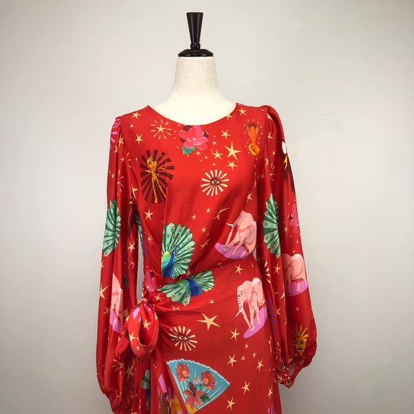 Farm Rio Lotus Star Red / Multi Midi Dress w/ beaded fringe belt- Small - Picture 5 of 15